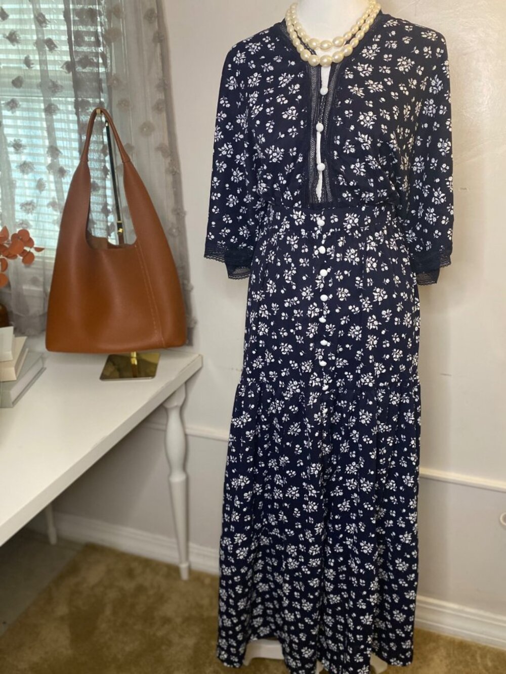 SHEIN Navy Blue Floral Maxi Dress Lace Trim Pearl Button Detail XL